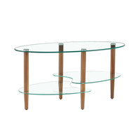 Transparent Oval Glass Coffee Table Modern Design Oak Wood Legs 3-Layer Living Room Tea Table
