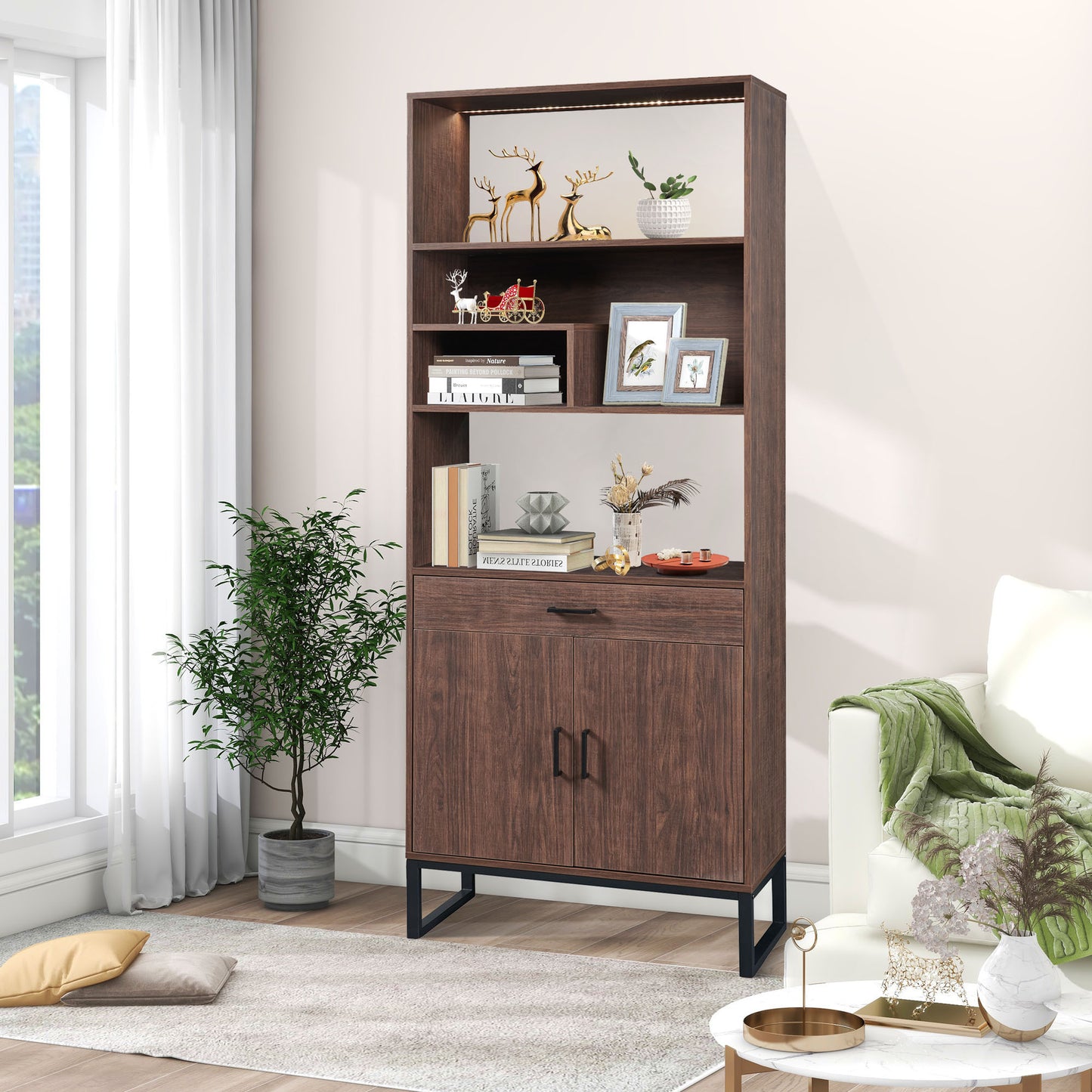 Tall Walnut Finish Open Bookshelf with LED Lights and Storage Drawer for Living Room and Office