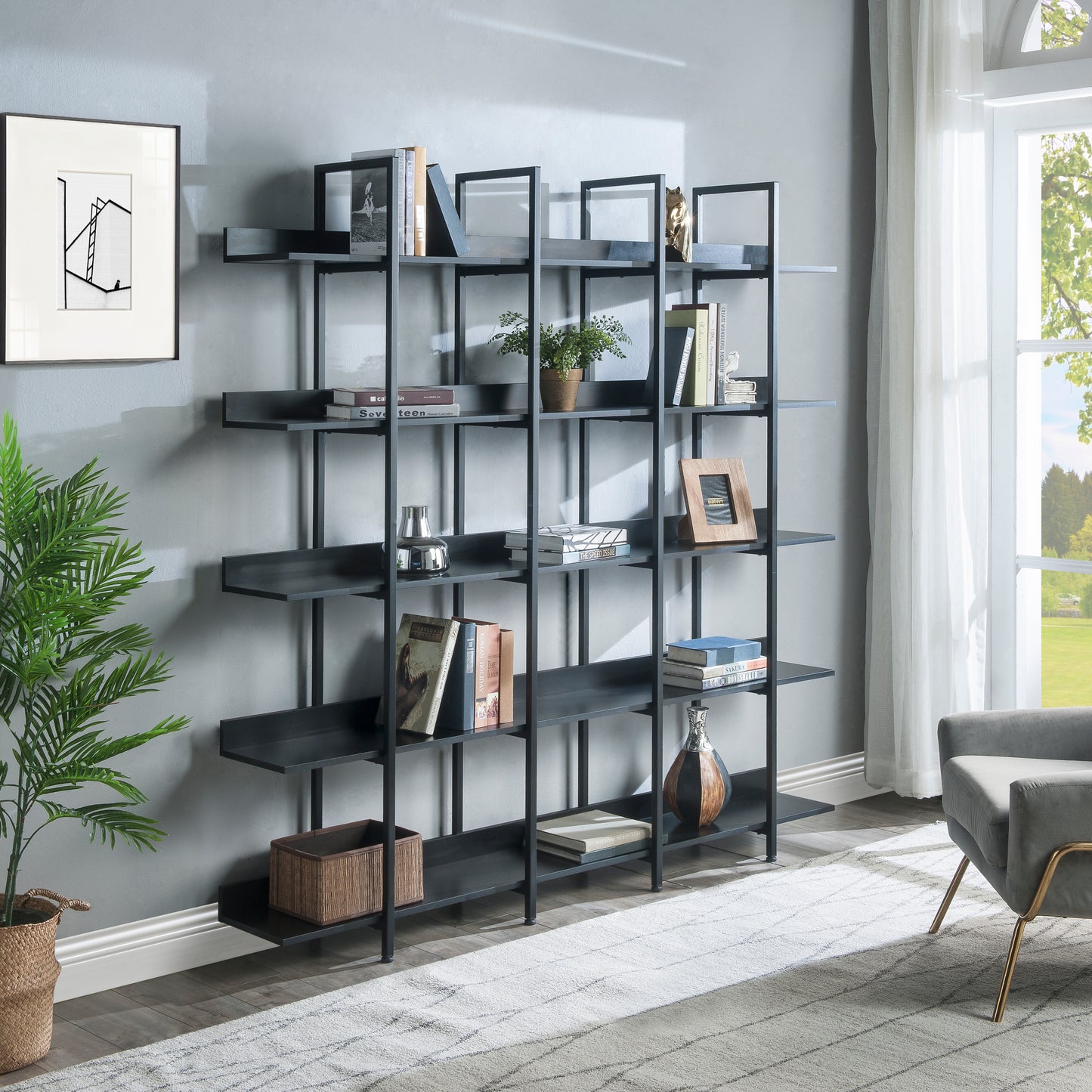 5 Tier Bookcase Home Office Open Bookshelf, Vintage Industrial Style Shelf With Metal Frame, MDF Board