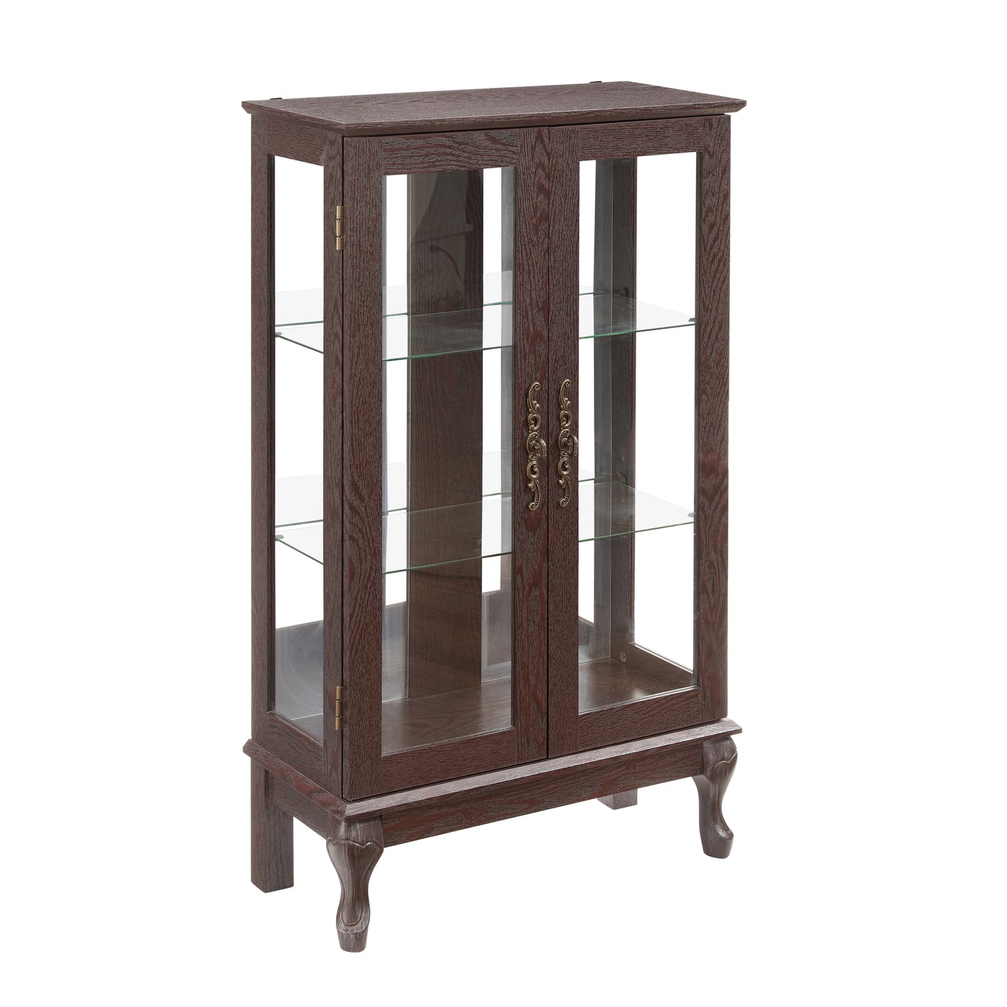 Elegant Cherry Curio Cabinet with Tempered Glass Doors Adjustable Shelves Mirrored Back and Lighted Display for Home Office