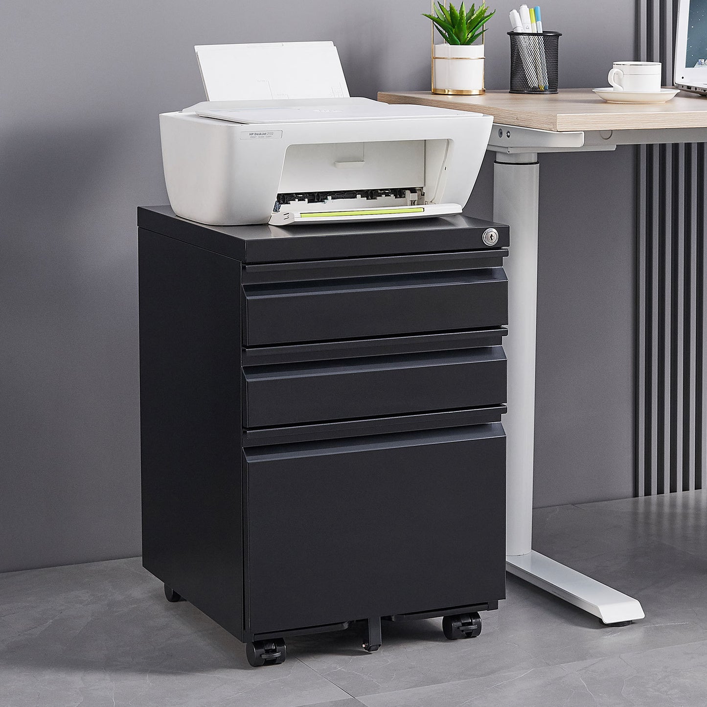 3-Drawer Mobile File Cabinet with Lock for Legal Letter Size Office Storage Pre-Assembled Metal Under Desk Black