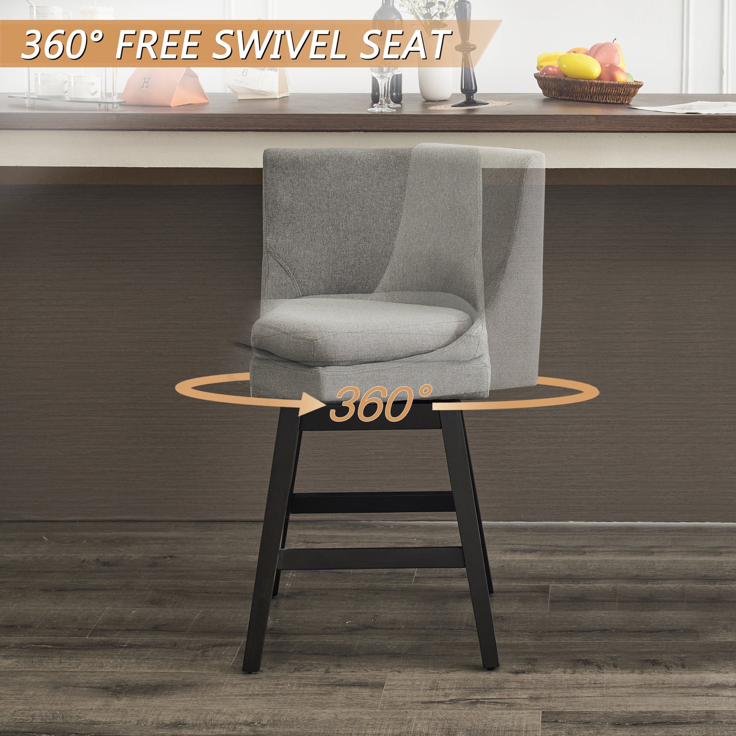 26 Inch Upholstered Swivel Bar Stools Set of 2 Modern Linen Fabric High Back Counter Stools Ergonomic Design Wood Frame