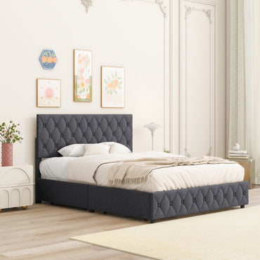 Full Size Upholstered Platform Bed Frame with Adjustable Headboard and 4 Storage Drawers Grey