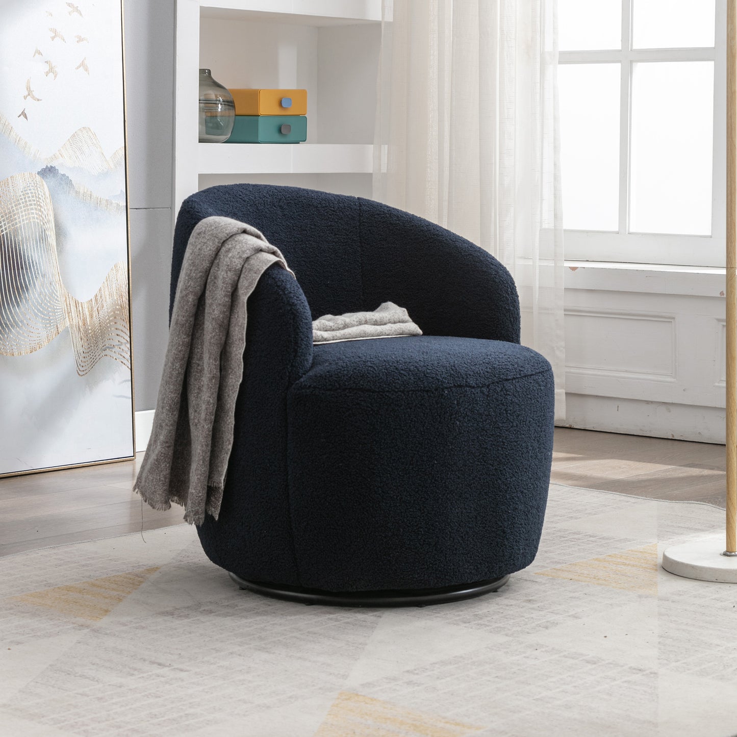 Teddy Fabric Swivel Accent Armchair Barrel Chair Dark Blue with Black Powder Coating Metal Ring