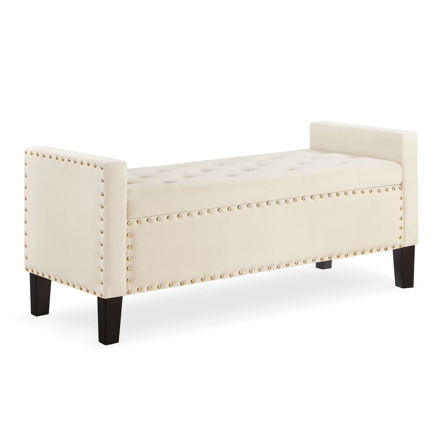 Upholstered Tufted Button Storage Bench with Nail Trim Soft Padded Seat Armrest Entryway Living Room Cream Bed Bench