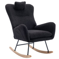 Black 35.5 Inch Soft Teddy Fabric Wingback Rocking Chair with Pocket Solid Wood Base for Nursery Living Room Bedroom