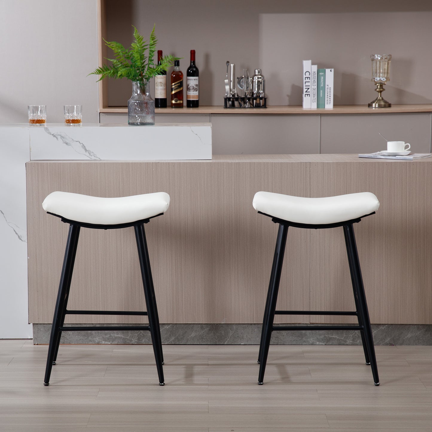 Armless Counter Height Bar Stools Set of 2 Modern PU Leather Cream Metal Legs Footrest