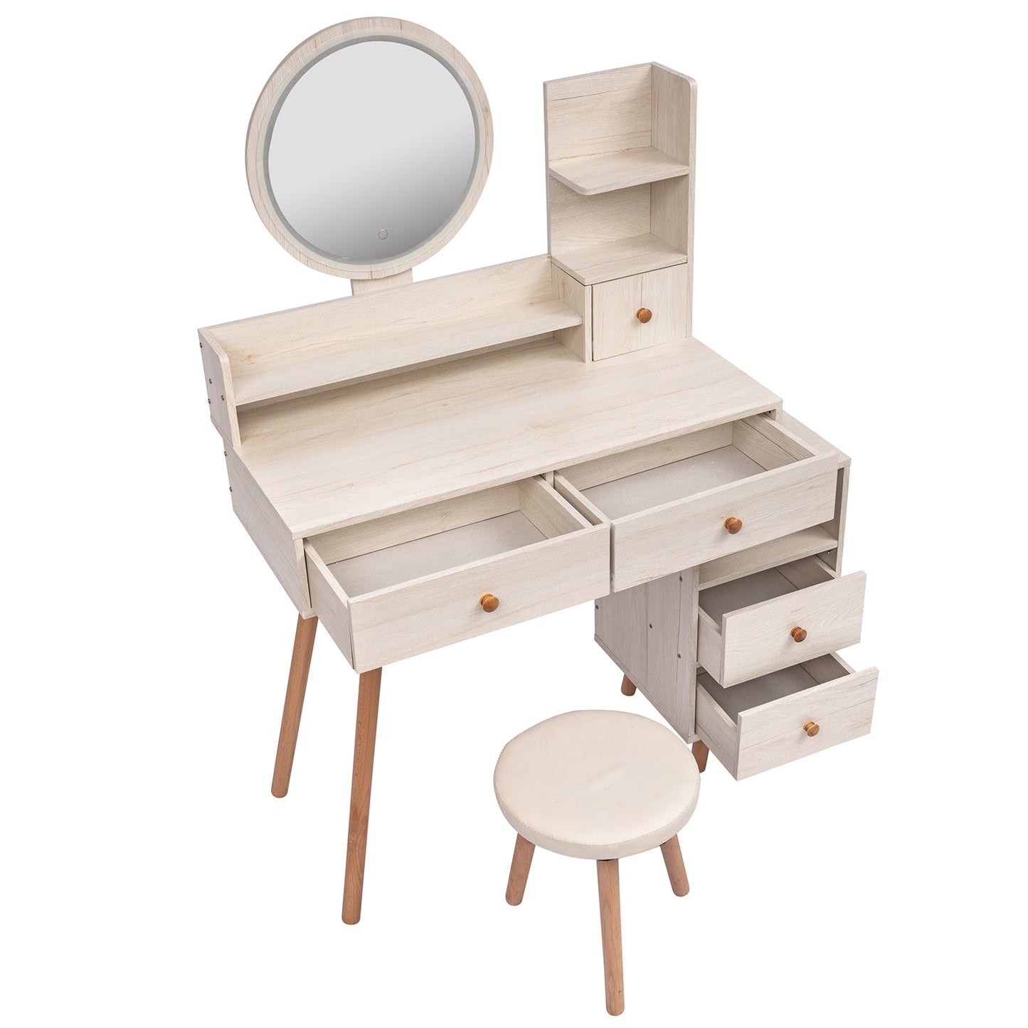 Stylish Vanity Table with Cushioned Stool Touch Control LED Mirror Large Storage Cabinet 5 Drawers Adjustable Length Makeup Furniture