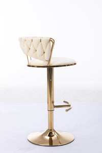 Set of 2 Velvet Bar Stools with Chrome Footrest and Base Swivel Adjustable Height Golden Legs Cream Color