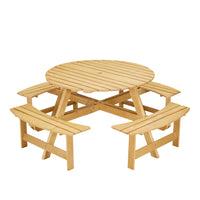 8 Person Round Picnic Table with Built-in Benches and Umbrella Hole for Garden Backyard Patio