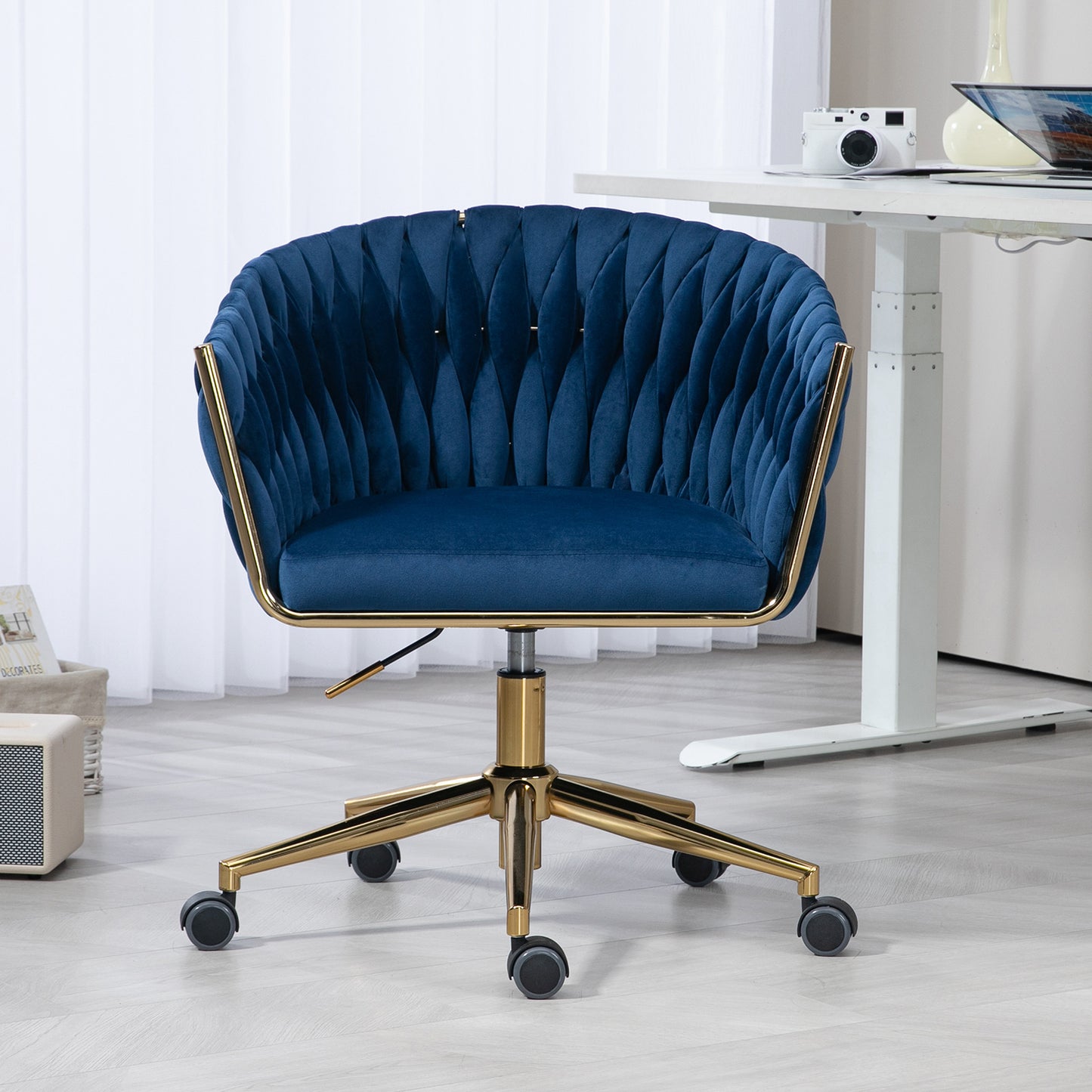 Modern Hand Woven Office Chair with Wheels Height Adjustable 360 degree  Swivel Vanity Chair for Bedroom Living Room Blue