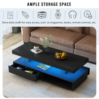 Modern LED Coffee Table with Storage and Display Shelves, Black Center Table with 2 Drawers for Living Room