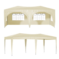 10x20 Beige Pop Up Canopy Tent with 6 Sidewalls Waterproof Commercial Outdoor Shelter Adjustable Heights Carry Bag Sand Bags, Ropes,Stakes