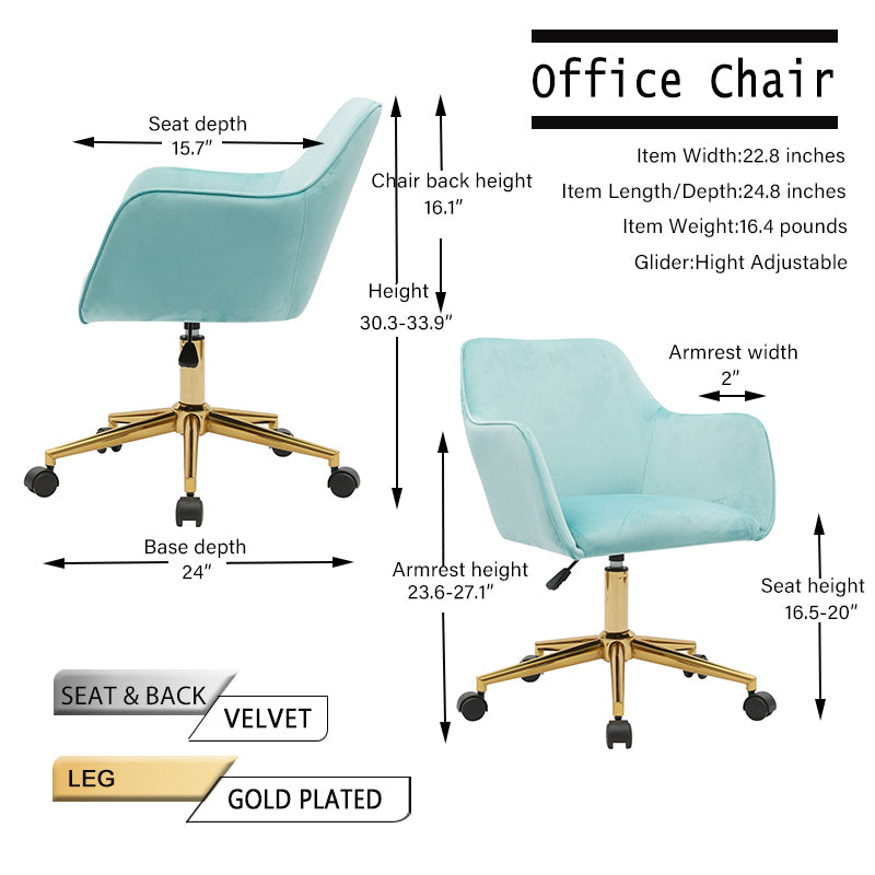 Modern Velvet Adjustable Height 360 Revolving Home Office Chair Aqua Light Blue Gold Metal Legs Universal Wheels