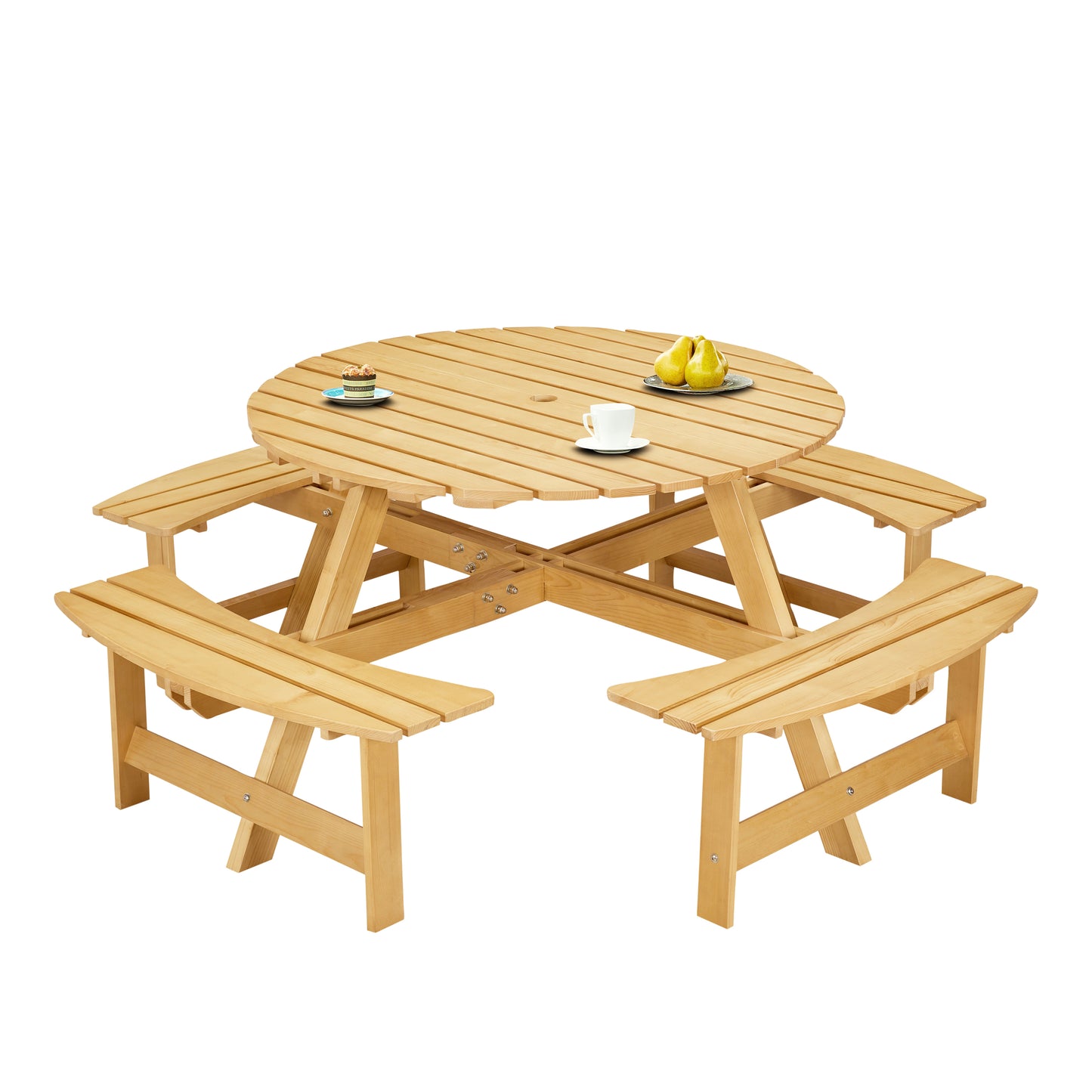 8 Person Round Picnic Table with Built-in Benches and Umbrella Hole for Garden Backyard Patio