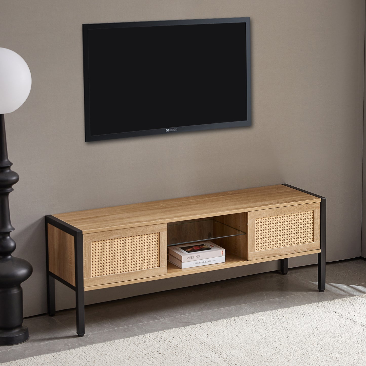 Rattan TV Cabinet with Adjustable Shelf Double Sliding Doors and Color Light Strip Metal Legs for Living Room Storage