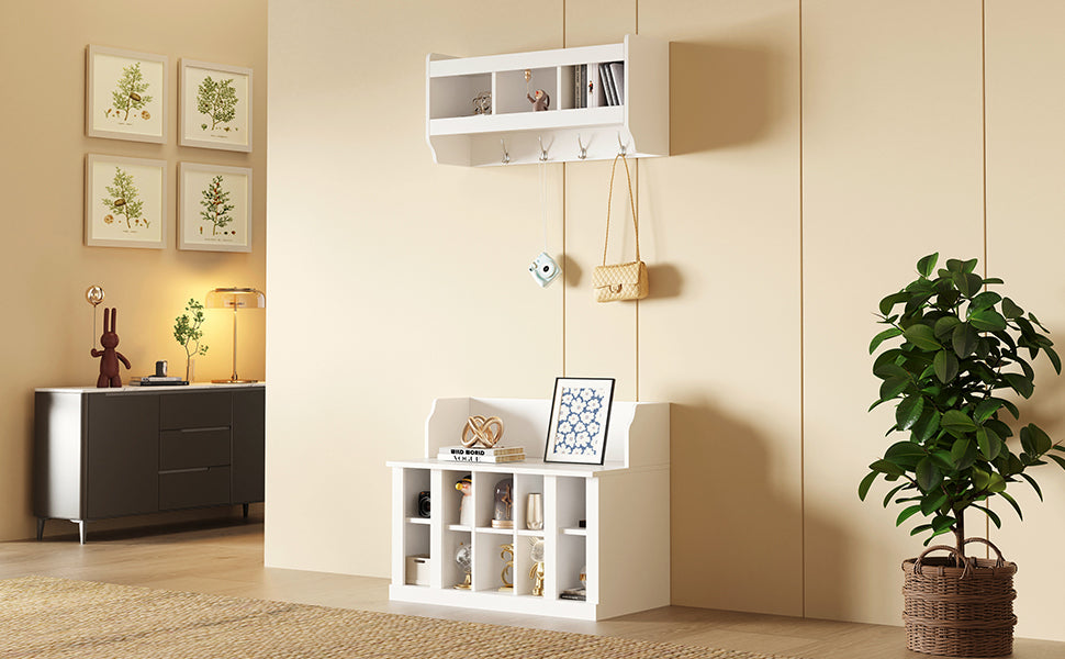 Shoe Storage Bench with Shelves and Hooks Elegant Hall Tree Entryway Organizer for Hallway Foyer Mudroom White