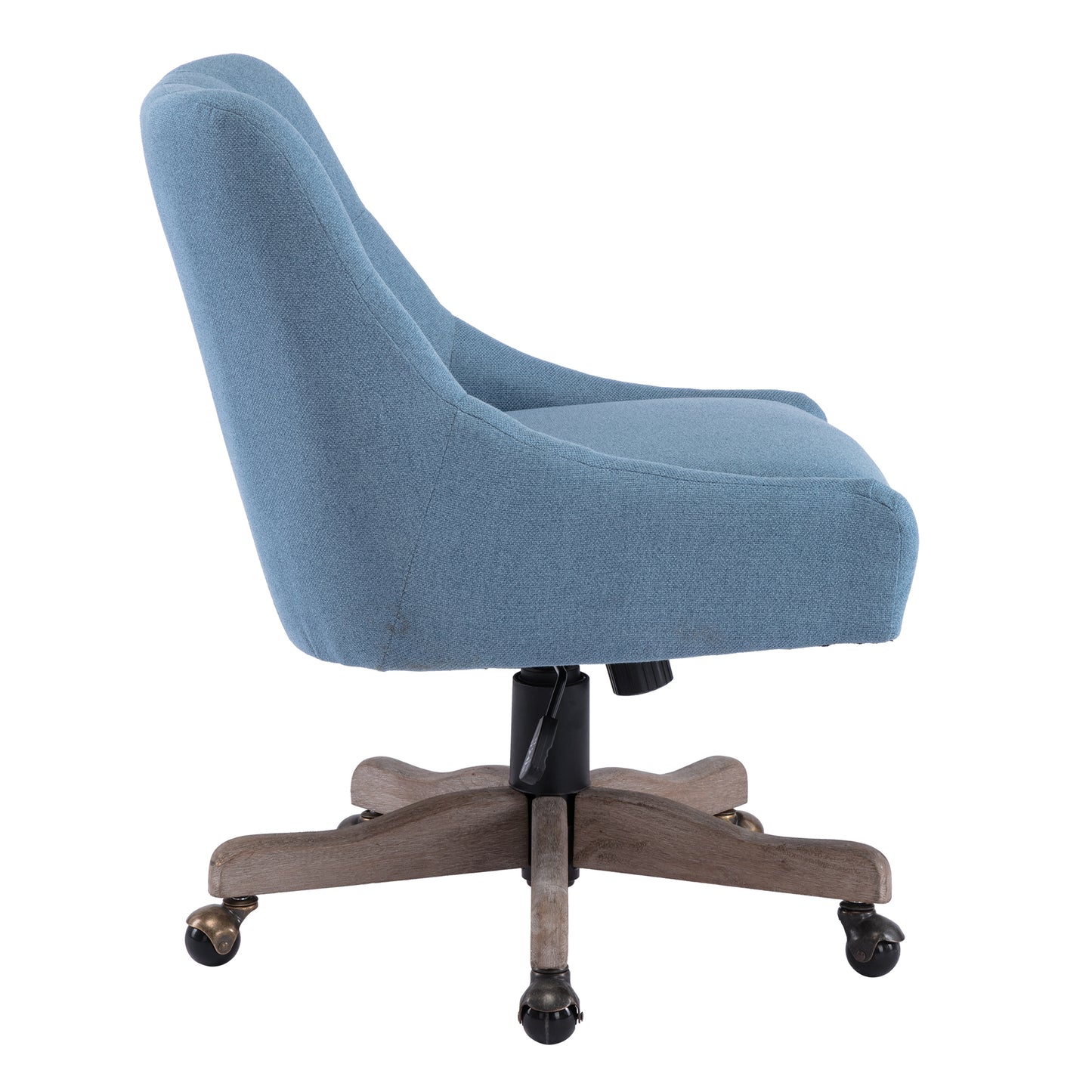 Adjustable Height Swivel Office Chair with Wheels Linen Fabric Upholstered Desk Chair Wooden Legs Navy