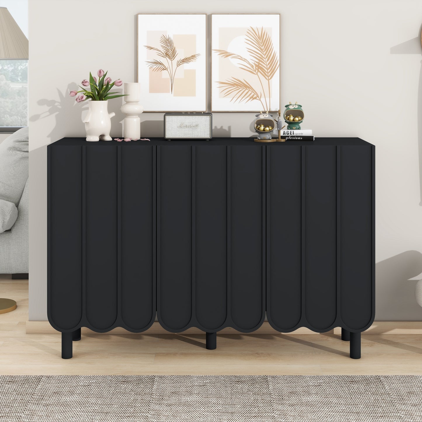 Cream Minimalist Shoe Cabinet with 5 Solid Wood Legs Adjustable Shelves Wave Door Design for Living Room Storage Black