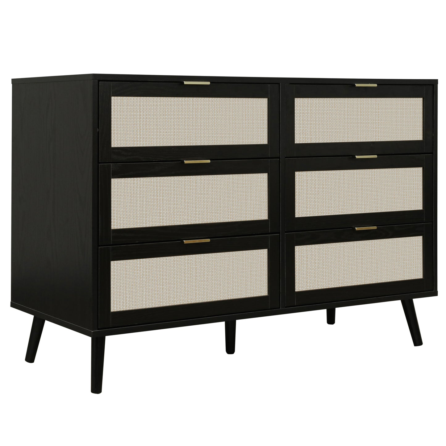 Modern 6 Drawer Dresser Black Wood Storage Cabinet for Bedroom or Living Room Furniture