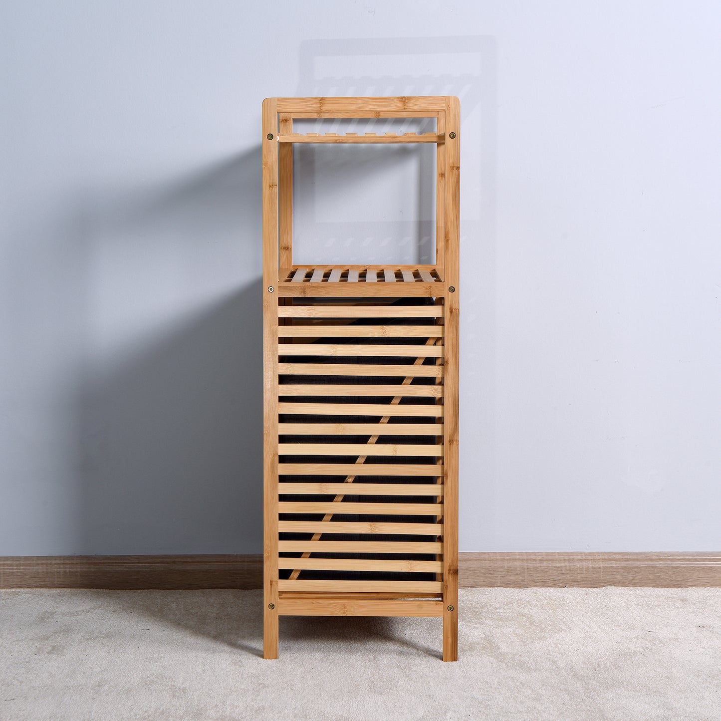 Bathroom Laundry Basket - Bamboo Storage with 2-Tier Shelf, 17.32 x 13 x 37.8 Inch, Stylish and Functional Home Organizer