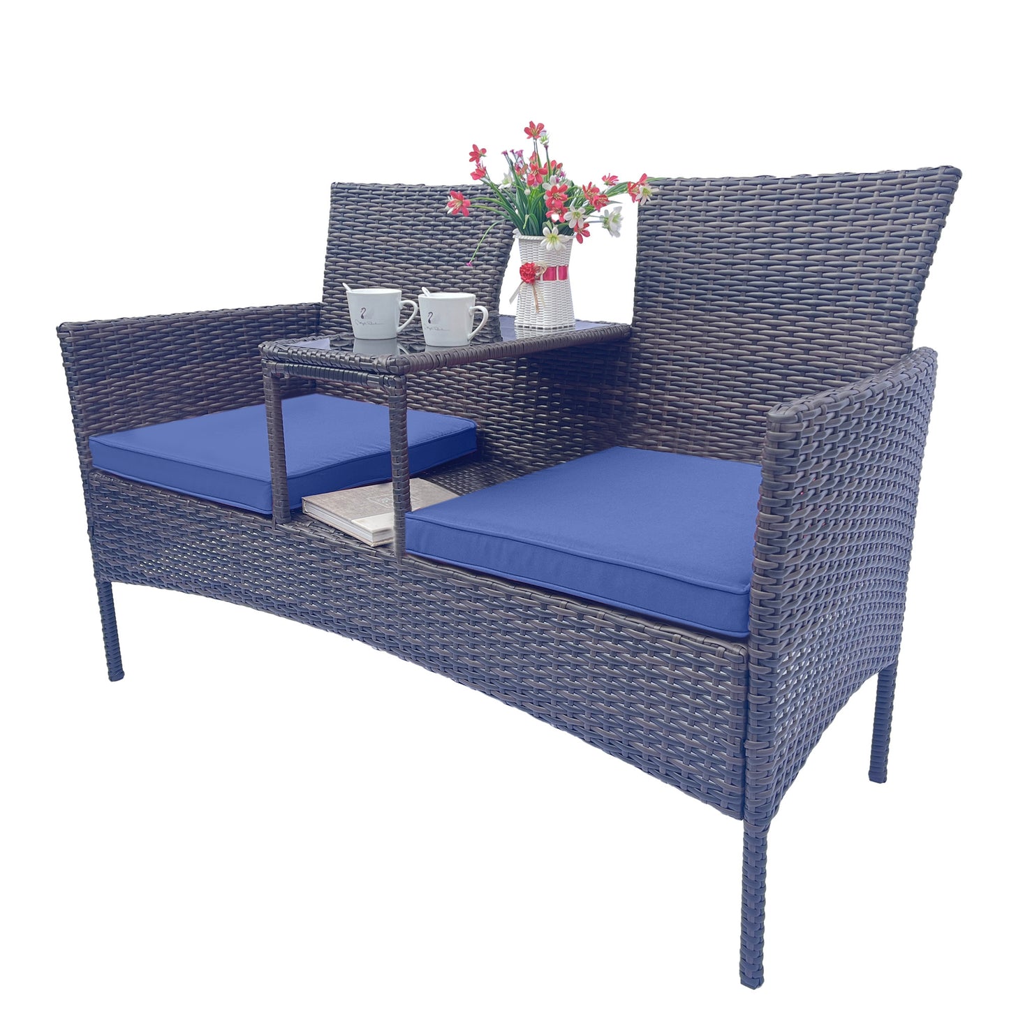 Modern Wicker Patio Conversation Set with Removable Cushions and Tempered Glass Table for Garden and Backyard