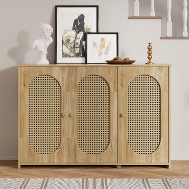 Retro 3-Door Accent Cabinet with Rattan Doors and Metal Handles Stylish Storage Solution for Living Room and Hallway Natural Wood Finish