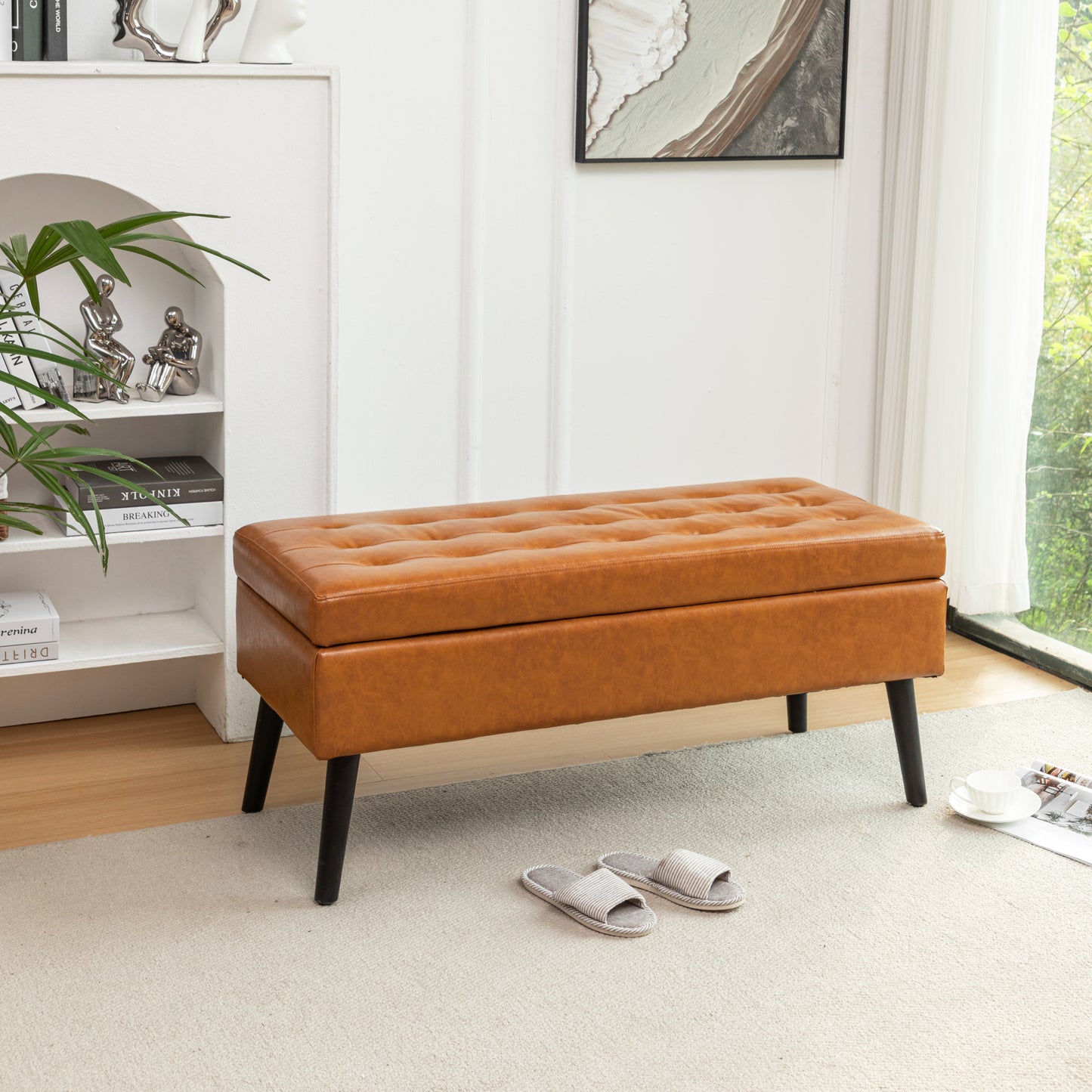 Brown Leather Storage Bench for Bedroom Entryway 43.3" Stylish Ottoman at Foot of Bed