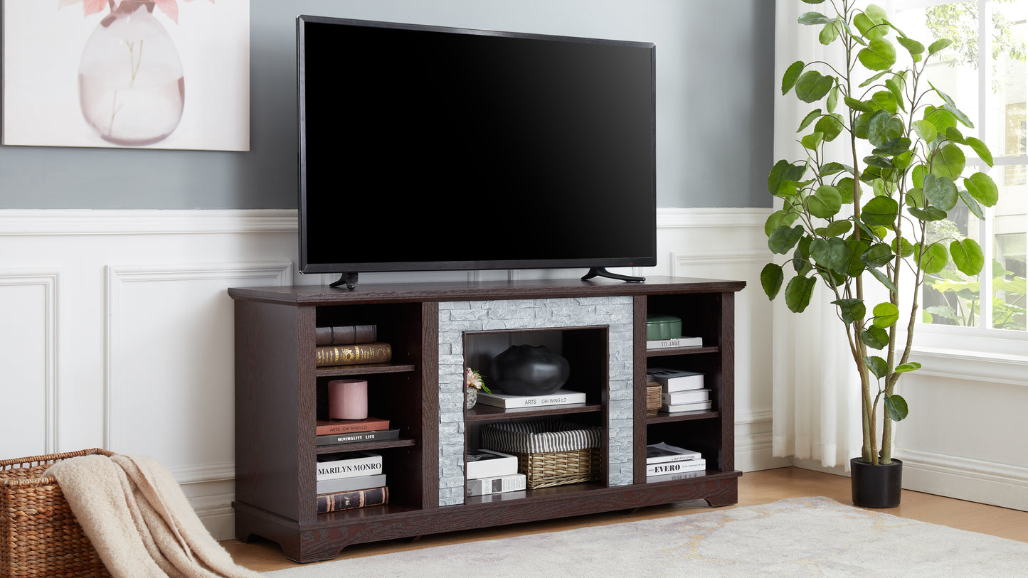 TV Media Stand with with Faux Stacked Stone Surround, Modern Entertainment Console with Open Storage Space, Cherry, 58.31"W*15.39"D*26.06"H