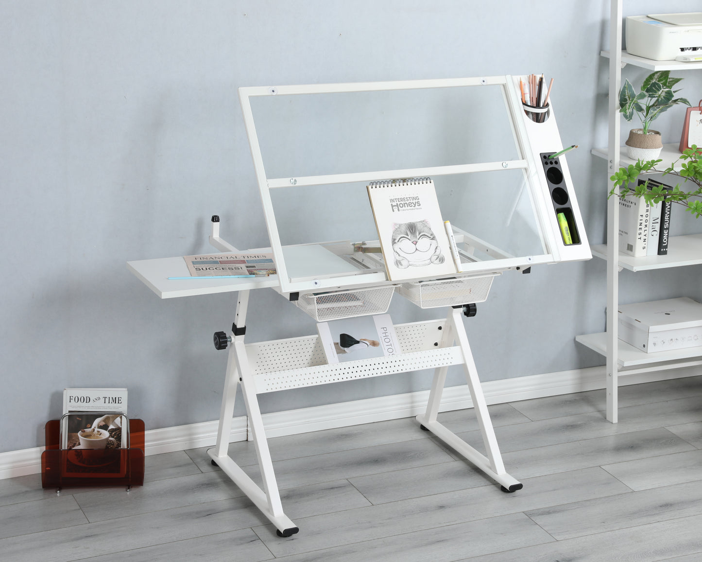 Adjustable Tempered Glass Drafting Table with Chair for Art and Design Work