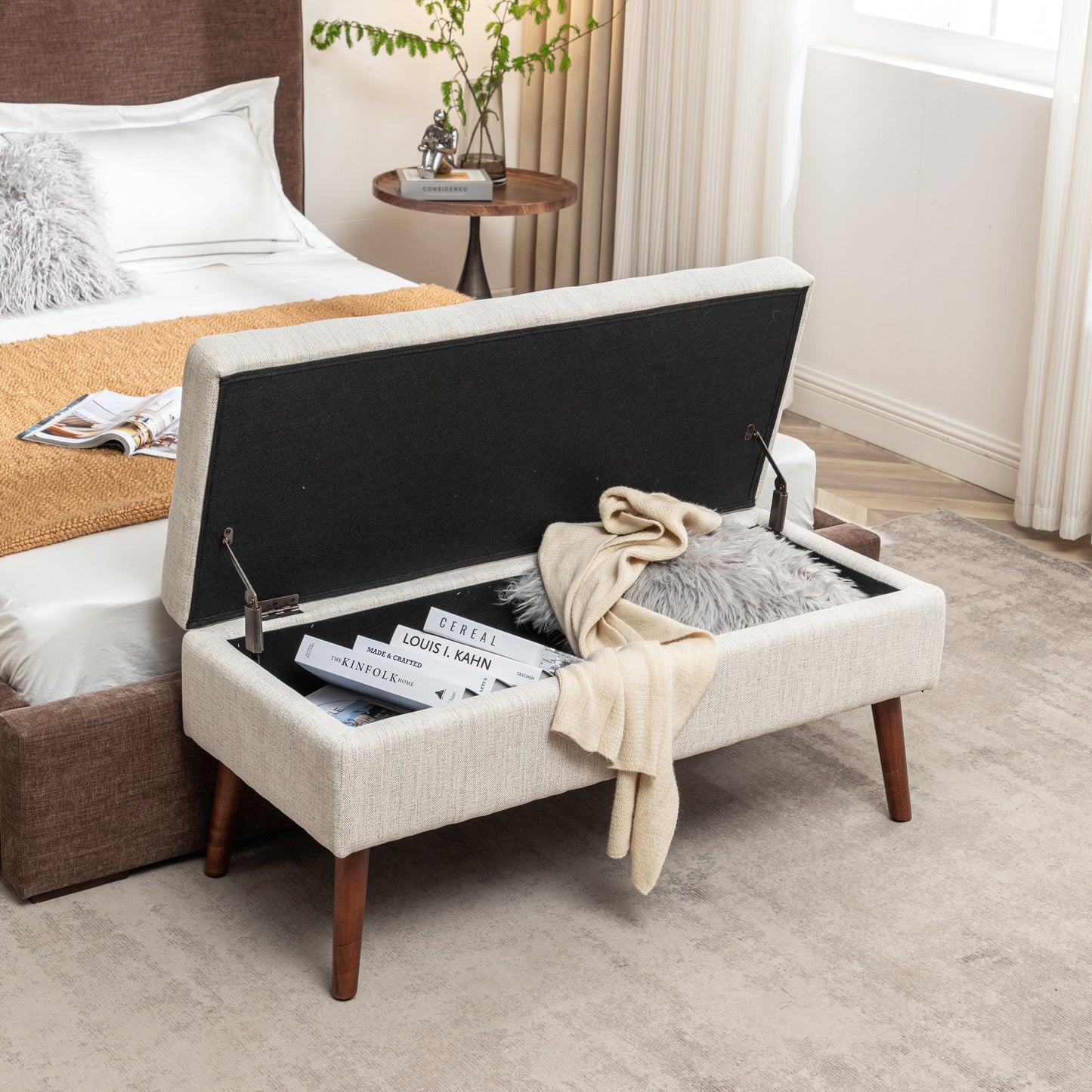 Off White Storage Bench for Bedroom or Entryway 43.7 Inch Ottoman Foot of Bed Seating Solution