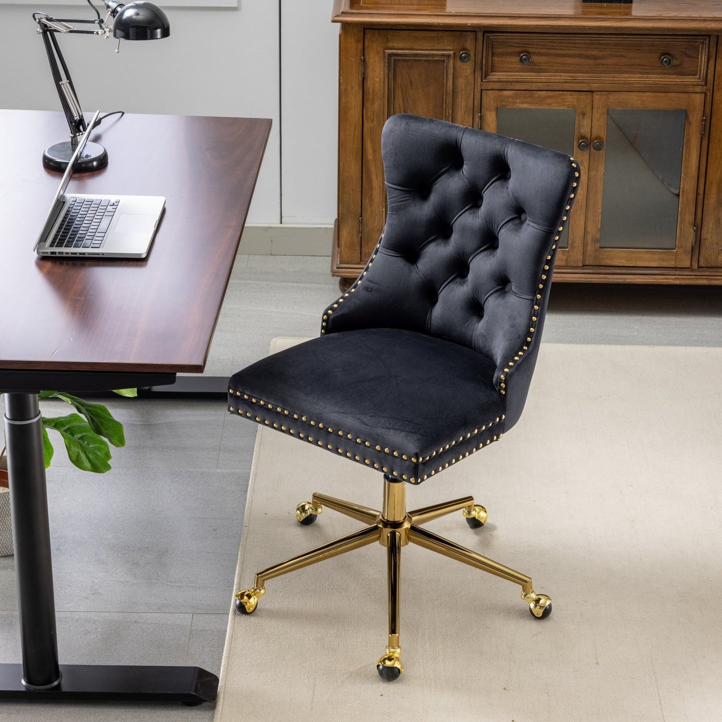 Premium Spring Cushioned Adjustable Desk Chair With Hand-Pulled Buttons And Golden Metal Base