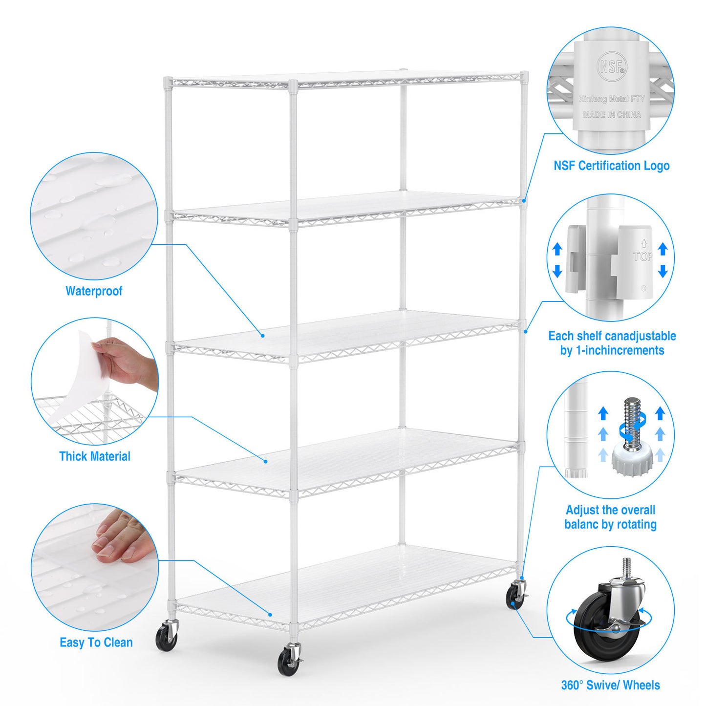 Heavy Duty 5 Tier Adjustable Storage Rack 6000lbs Metal Shelf with Wheels and Shelf Liners 82 H x 48 L x 24 D White