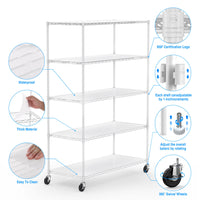 Heavy Duty 5 Tier Adjustable Storage Rack 6000lbs Metal Shelf with Wheels and Shelf Liners 82 H x 48 L x 24 D White