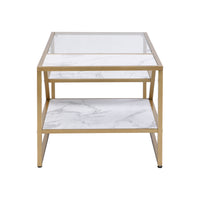 Golden Side Table with Storage Shelf Tempered Glass Top Metal Frame for Living Room and Bedroom