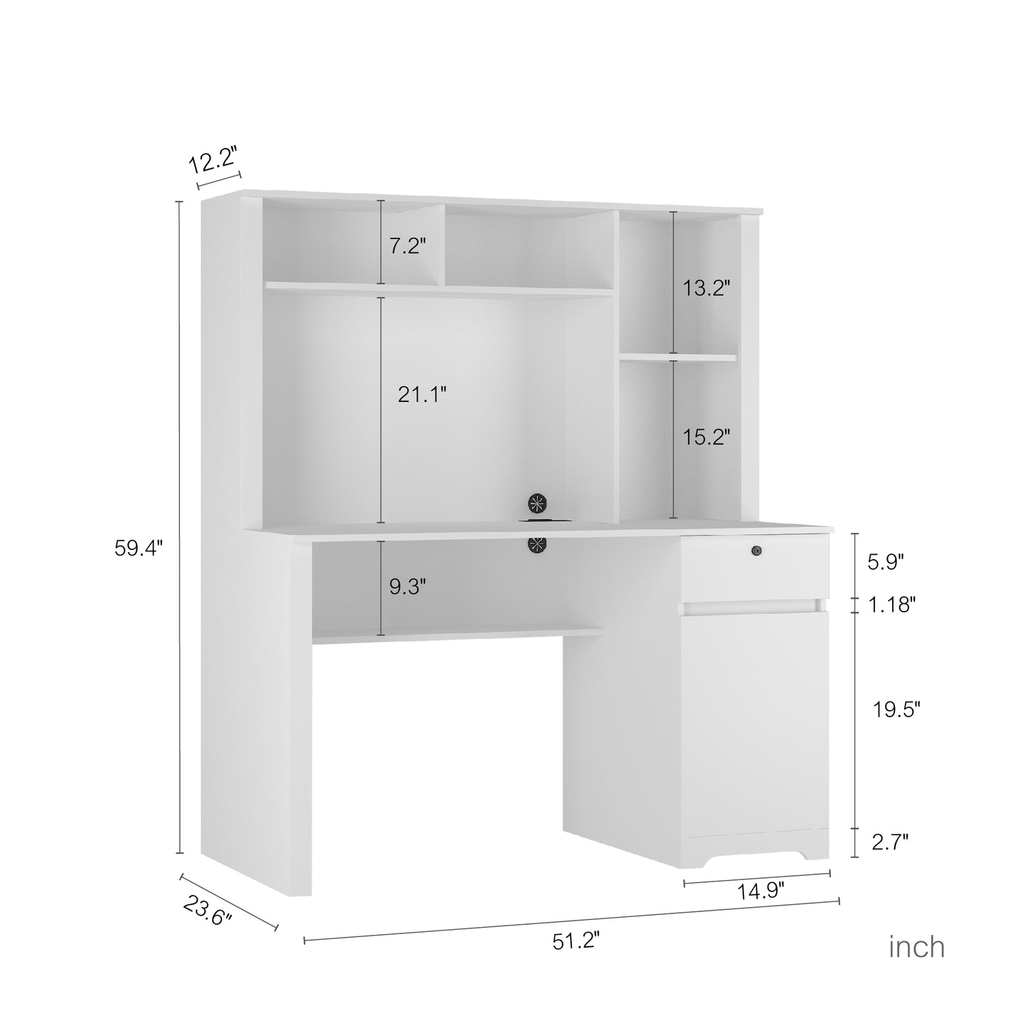 White Wood Executive Desk with Hutch Bookshelf 3 AC Outlets 2 USB Ports for Home Office Study