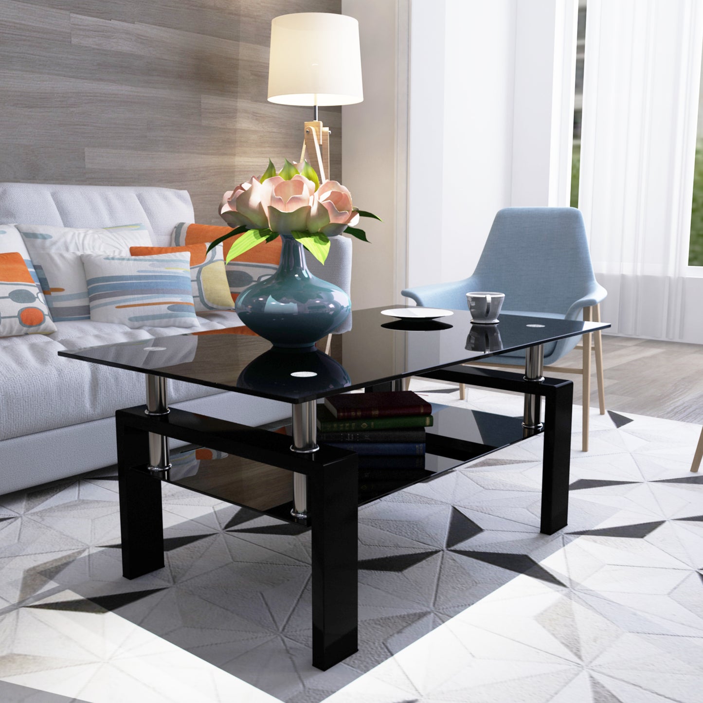 Modern Rectangle Black Glass Coffee Table Clear Center Table for Living Room Stylish Furniture