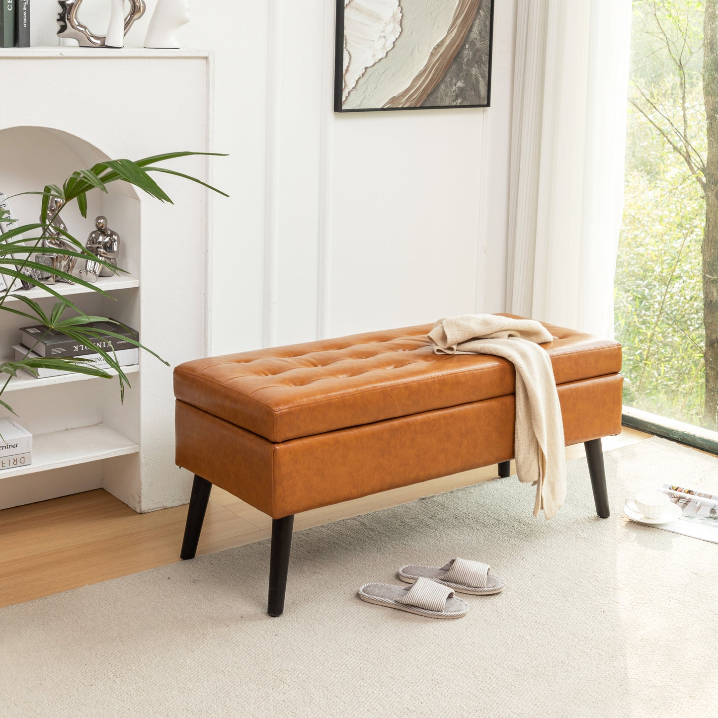 Brown Leather Storage Bench for Bedroom Entryway 43.3" Stylish Ottoman at Foot of Bed