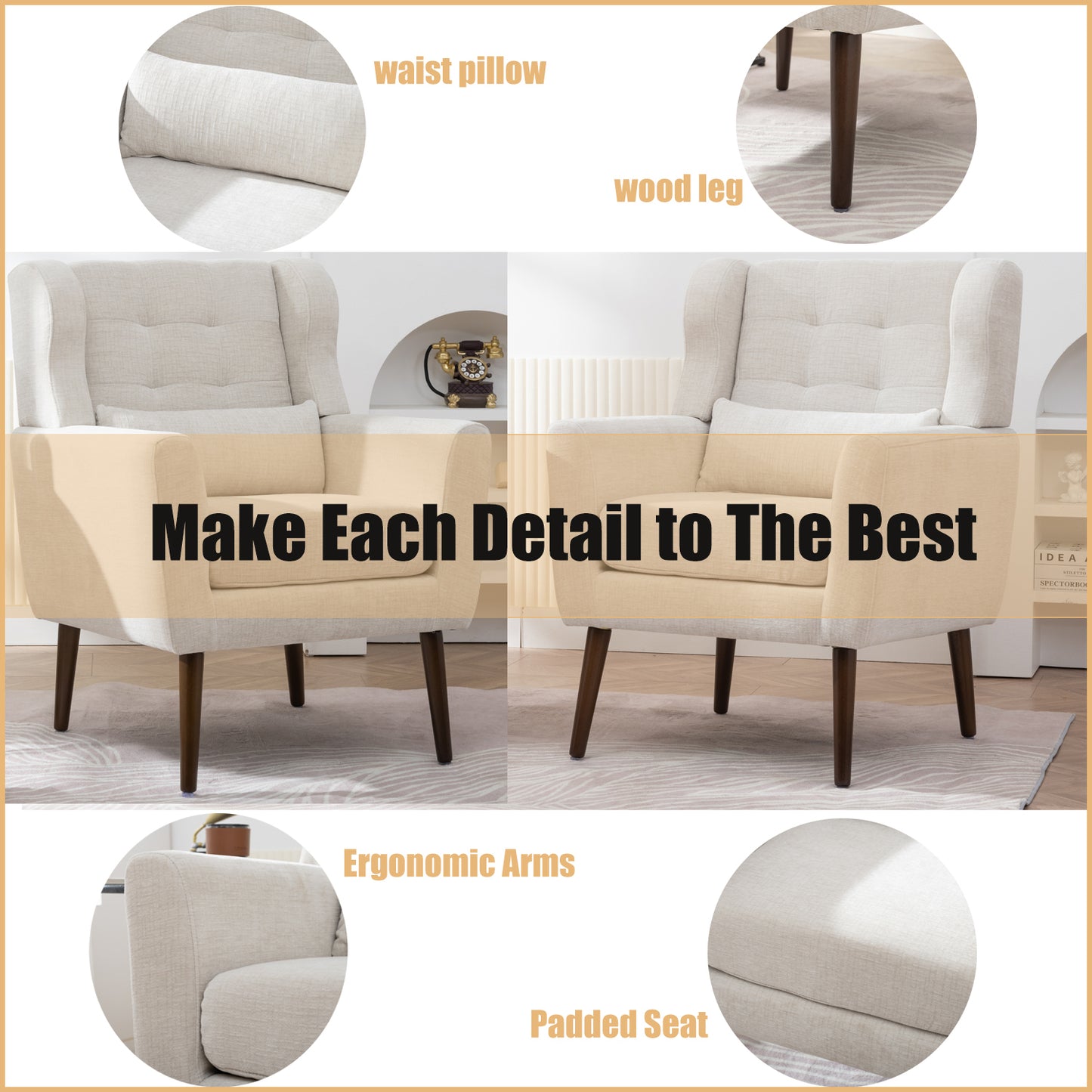 Modern Accent Chair Upholstered Foam Filled Comfy Reading Chair Mid Century Chenille Fabric Lounge Armchair for Living Room Bedroom Beige