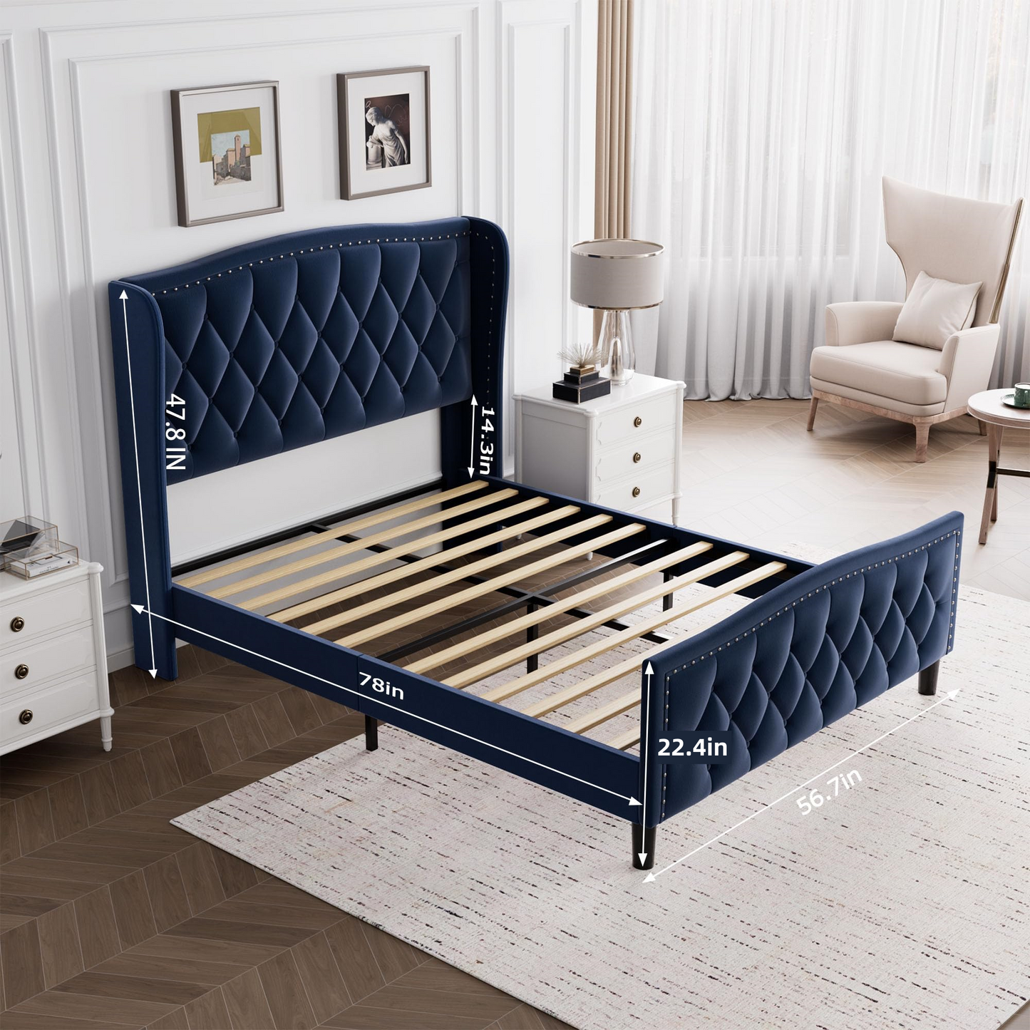 Modern Upholstered Full Size Bed Frame with Wingback Headboard Velvet Platform Bed Easy Assembly No Box Spring Needed Blue