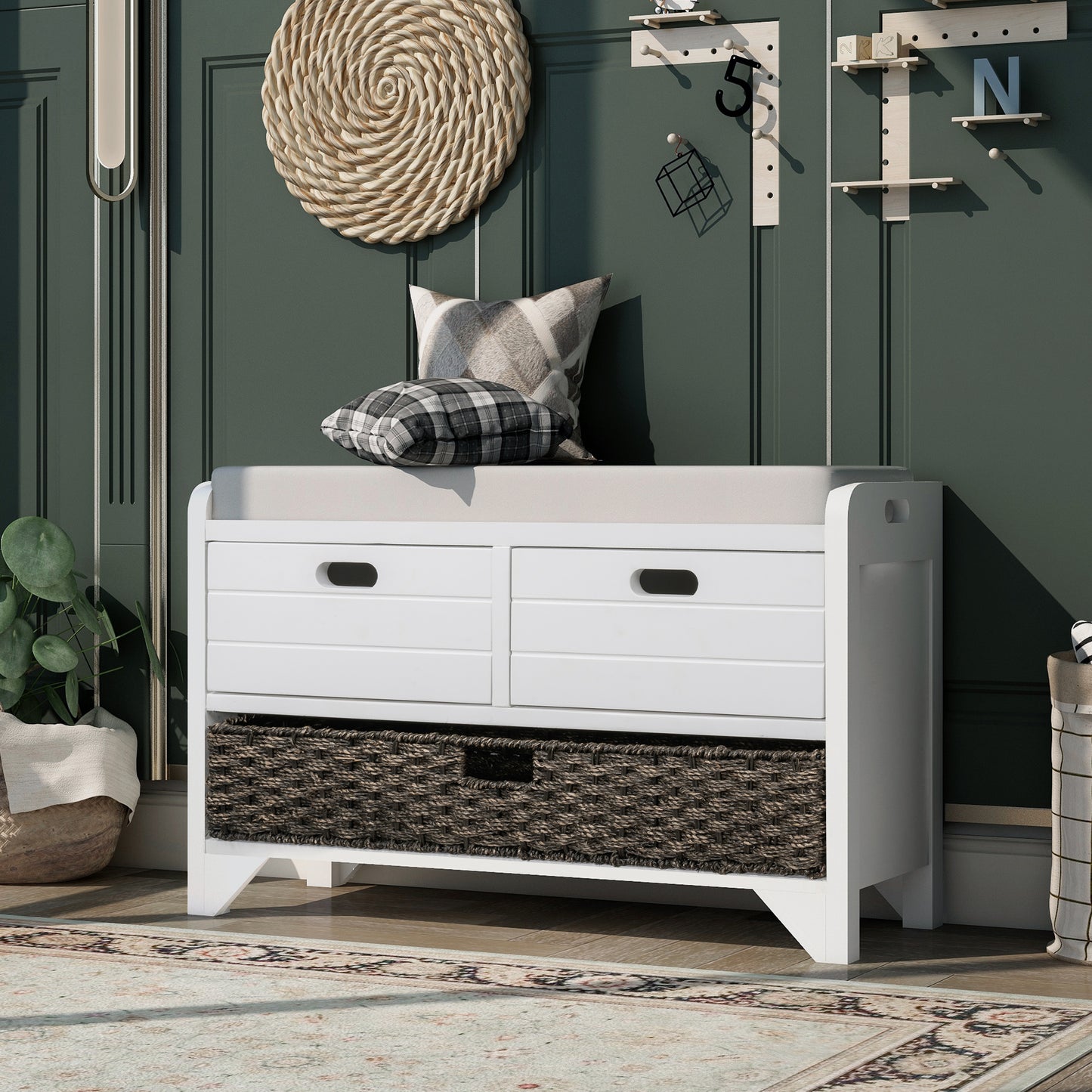 Storage Bench with Removable Cushion and 2 Drawers, Fully Assembled Shoe Organizer with Removable Basket, White