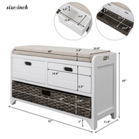 Storage Bench with Removable Cushion and 2 Drawers, Fully Assembled Shoe Organizer with Removable Basket, White