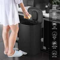 Curved Surface 13 Gallon 50L Kitchen Foot Pedal Soft Close Trash Can Stainless Steel Rectangular Bin with 30 Garbage Bags BLACK