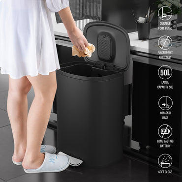 Curved Surface 13 Gallon 50L Kitchen Foot Pedal Soft Close Trash Can Stainless Steel Rectangular Bin with 30 Garbage Bags BLACK