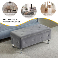 Tufted Storage Ottoman Bench for Bedroom End of Bed Large Upholstered Footrest with Crystal Buttons for Living Room Entryway Grey