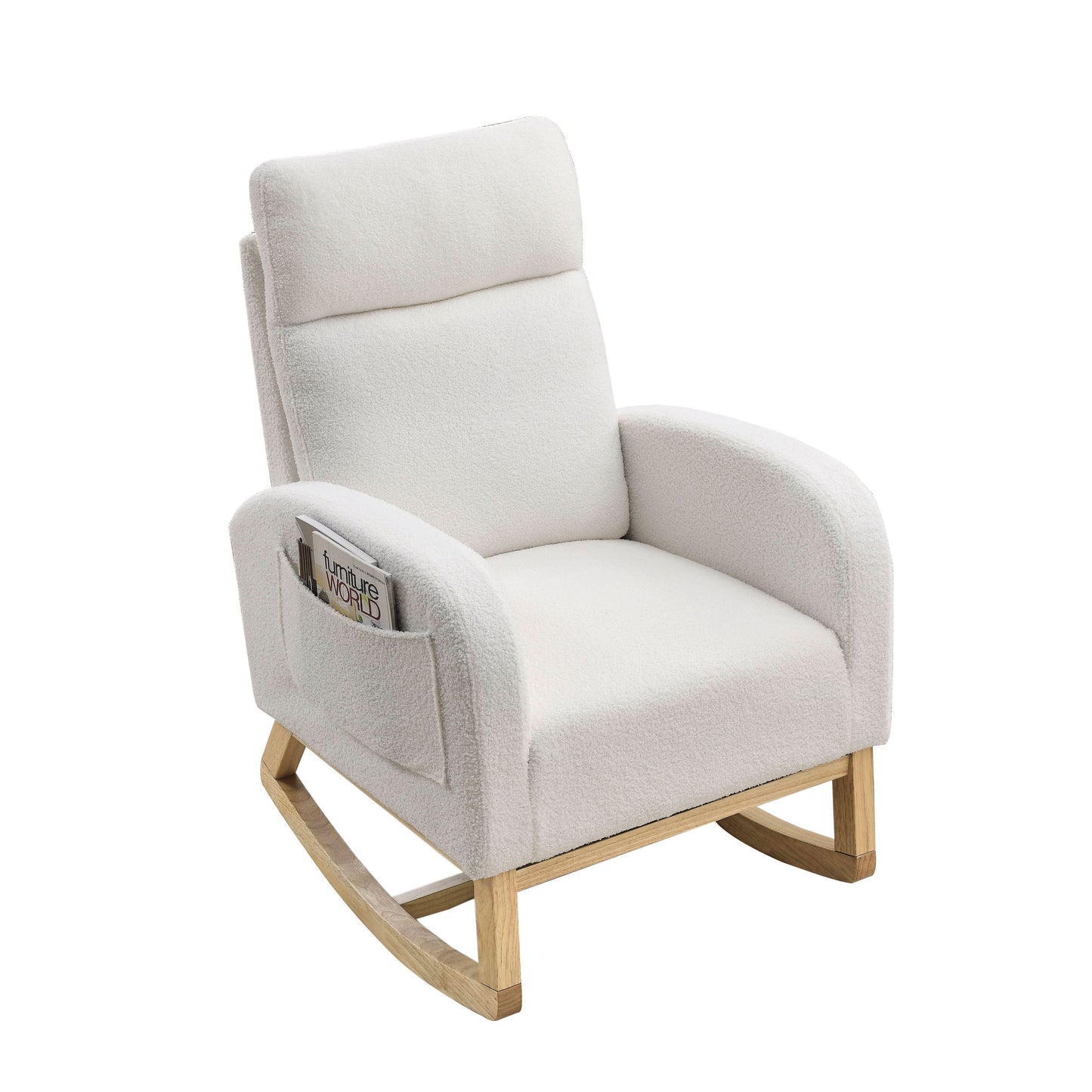 Modern Accent High Backrest Lounge Arm Rocking Chair with Two Side Pockets Teddy White Ivory