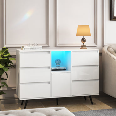 White High Gloss Living Room Sideboard Storage Cabinet with LED Light Modern Kitchen Buffet Wooden Display Unit