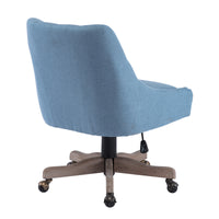 Adjustable Height Swivel Office Chair with Wheels Linen Fabric Upholstered Desk Chair Wooden Legs Navy