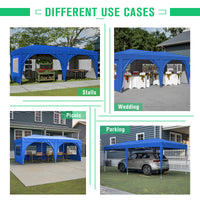 10x20 Blue Pop Up Canopy Tent with 6 Sidewalls Waterproof Commercial Outdoor Shelter Adjustable Height Carry Bag Sand Bags Ropes and Stakes