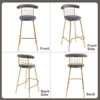 Luxury Velvet High Bar Stool Set of 2 with Metal Legs Soft Back Armless Modern Kitchen Dining Chairs Grey